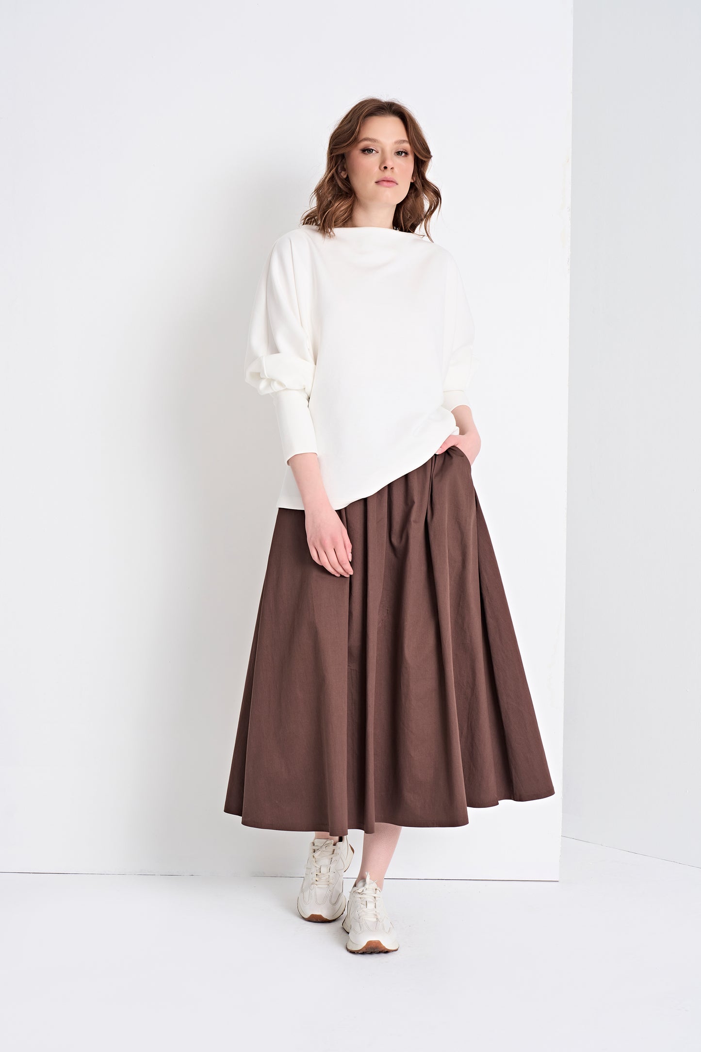 Boat Neck Top and Flowy Midi Skirt (Bottom)