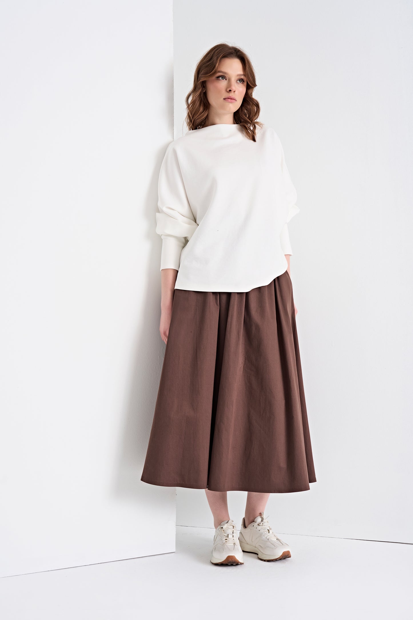 Boat Neck Top and Flowy Midi Skirt (Bottom)