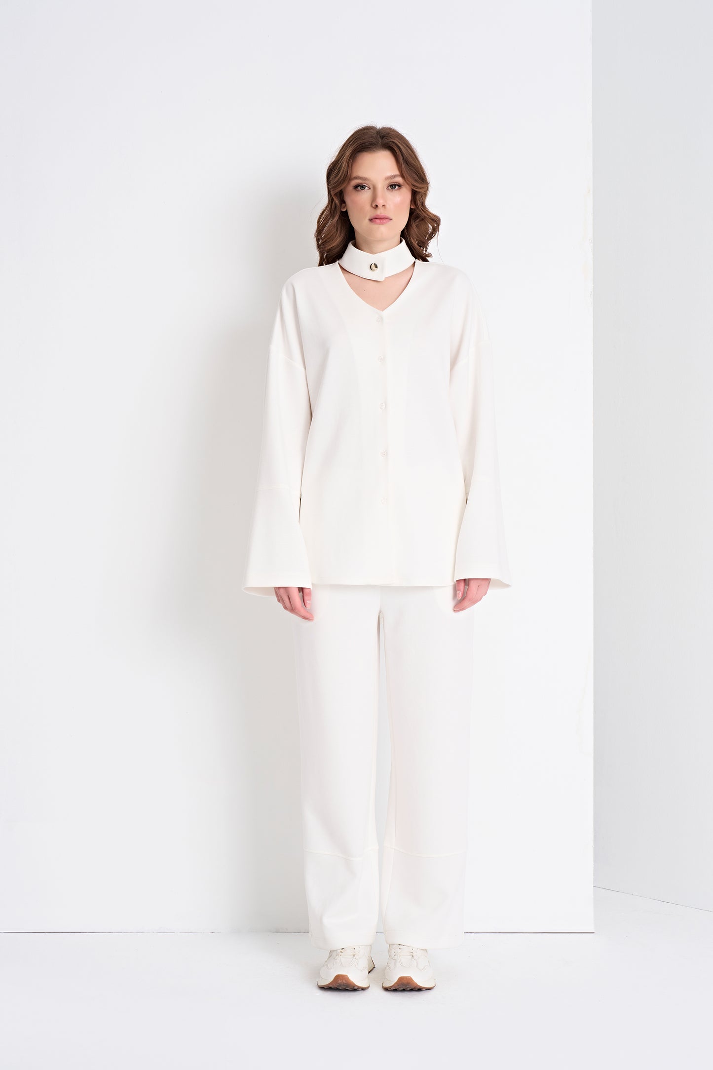 Elegant Top with Choker Detail and Wide-Leg Pants Set (Bottom)