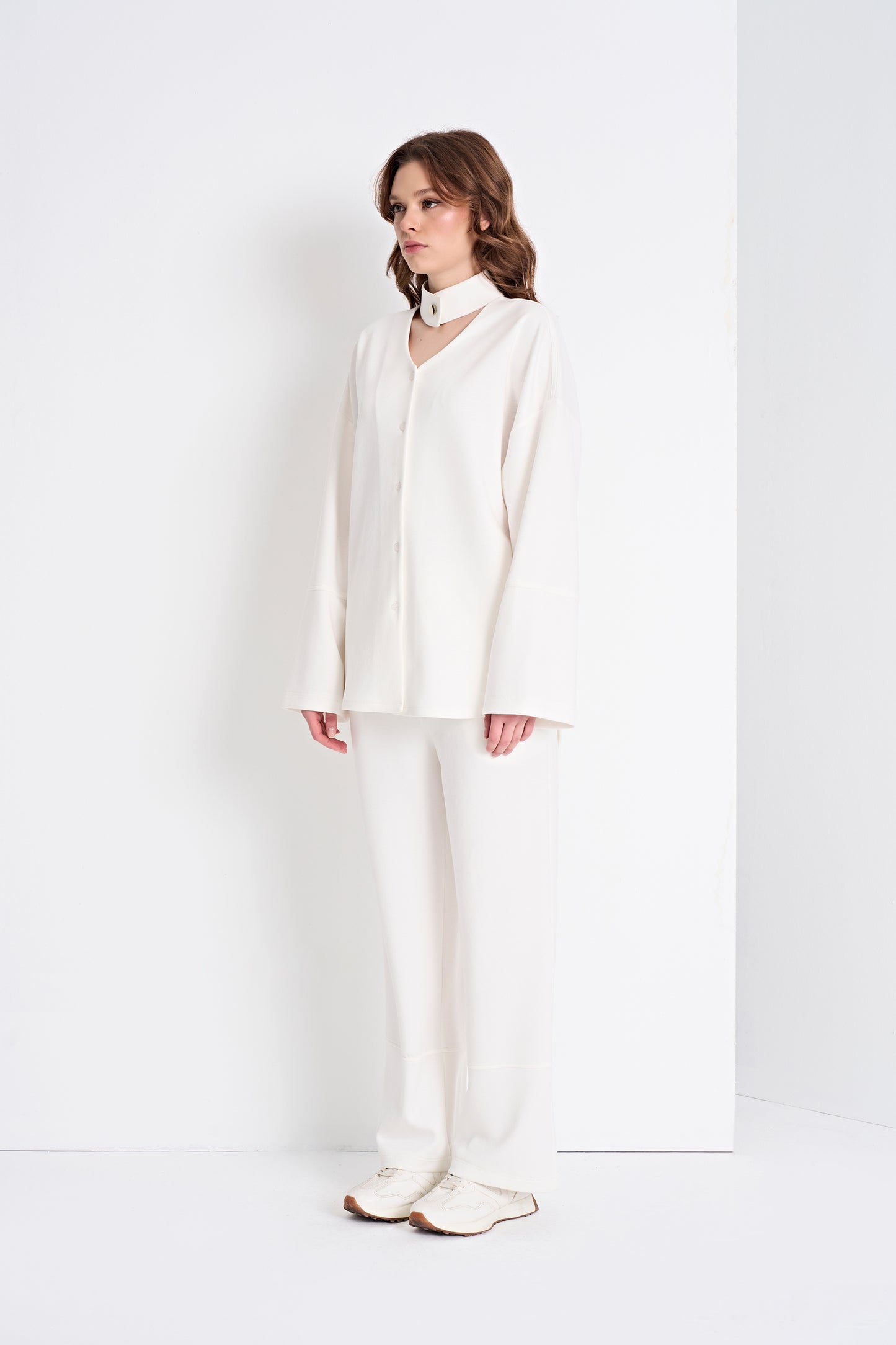 Elegant Top with Choker Detail and Wide-Leg Pants Set (Bottom)