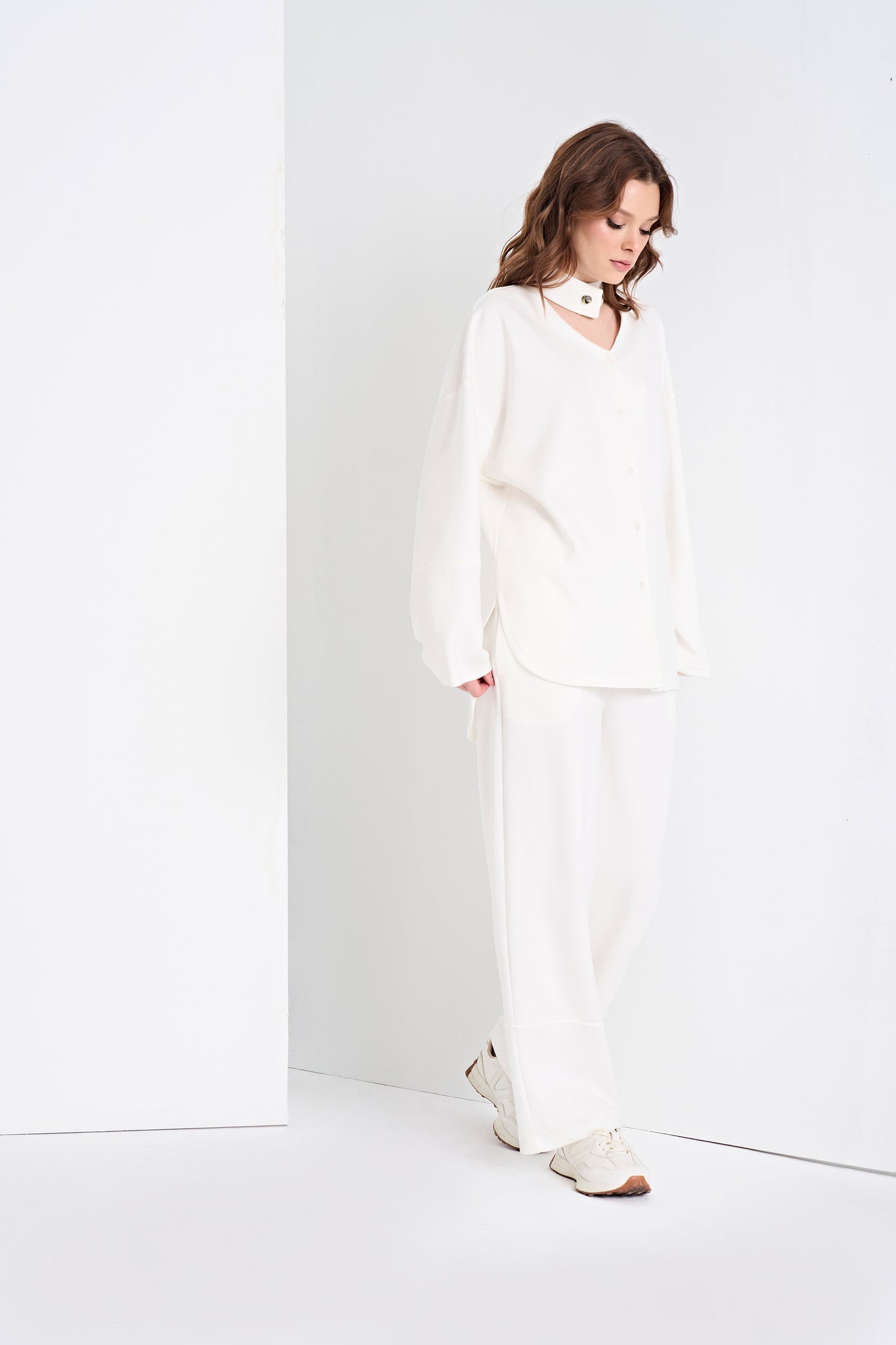 Elegant Top with Choker Detail and Wide-Leg Pants Set (Bottom)