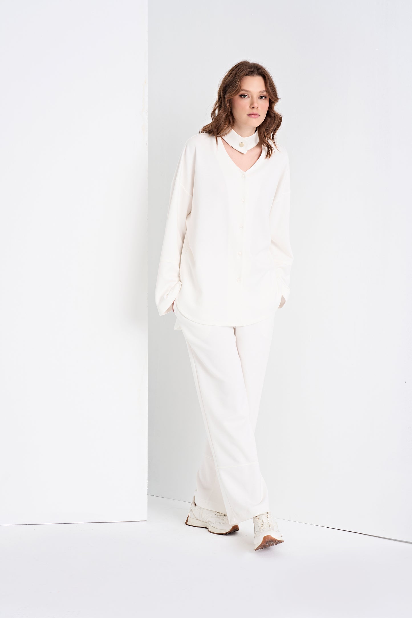 Elegant Top with Choker Detail and Wide-Leg Pants Set (Bottom)