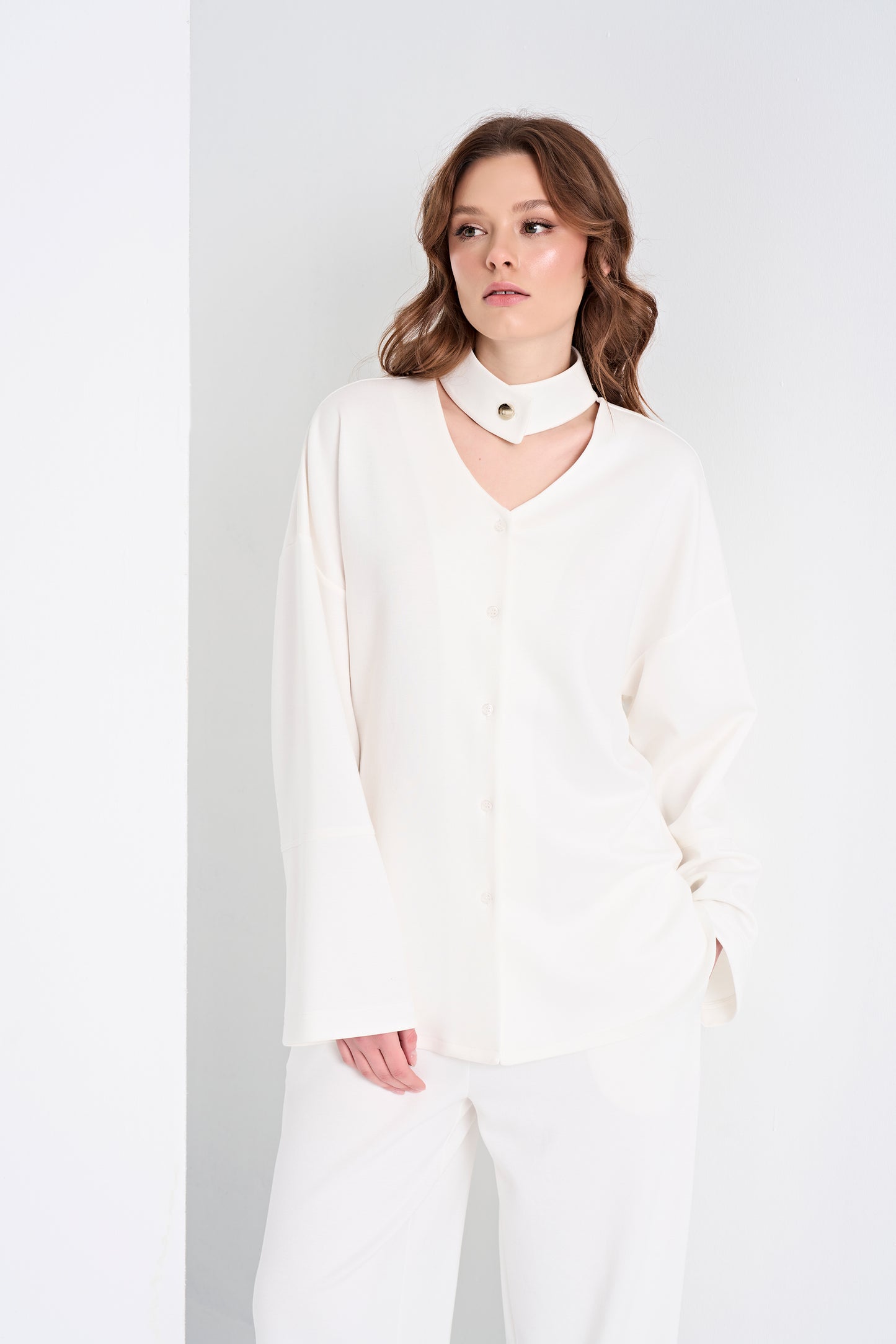 Elegant Top with Choker Detail and Wide-Leg Pants Set (Bottom)