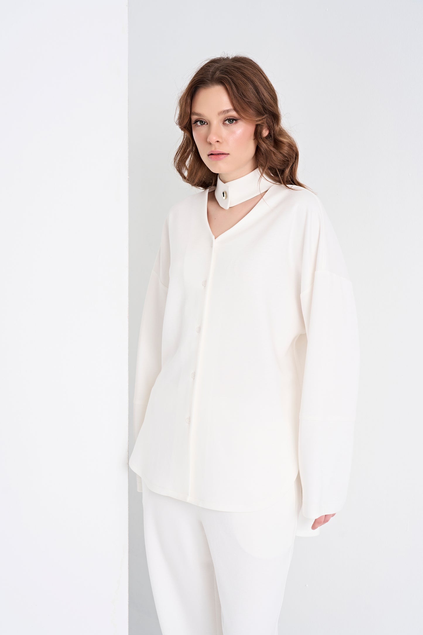 Elegant Top with Choker Detail and Wide-Leg Pants Set (Bottom)