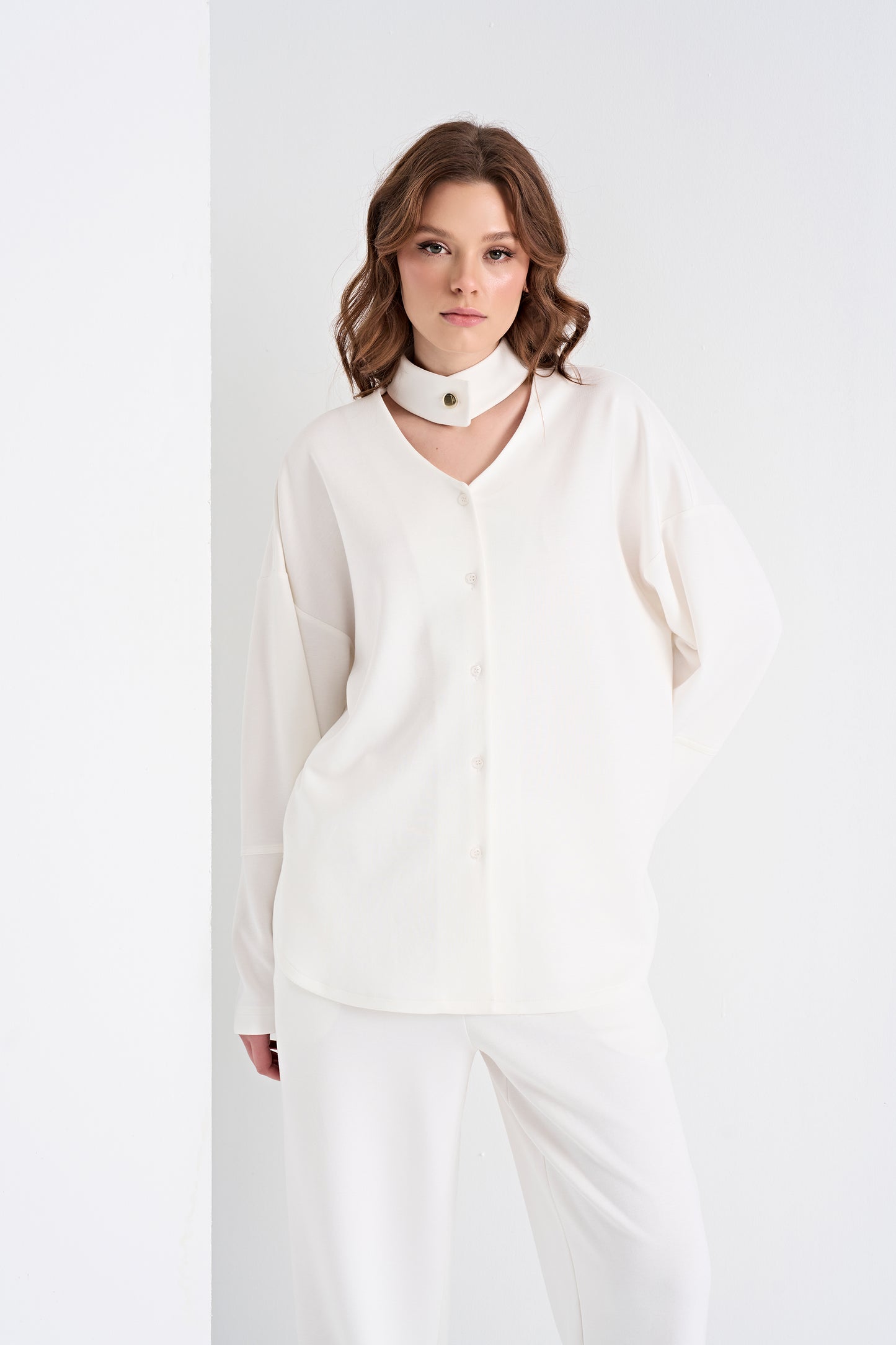 Elegant Top with Choker Detail and Wide-Leg Pants Set (Bottom)