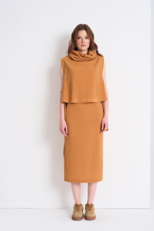 Sleeveless Cowl Neck Top and Textured Midi Skirt Set (Bottom)