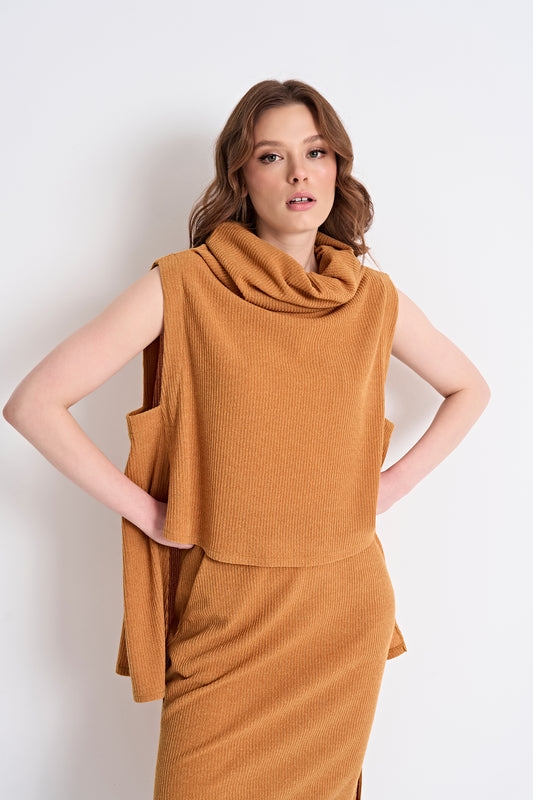 Sleeveless Cowl Neck Top and Textured Midi Skirt Set (Top)