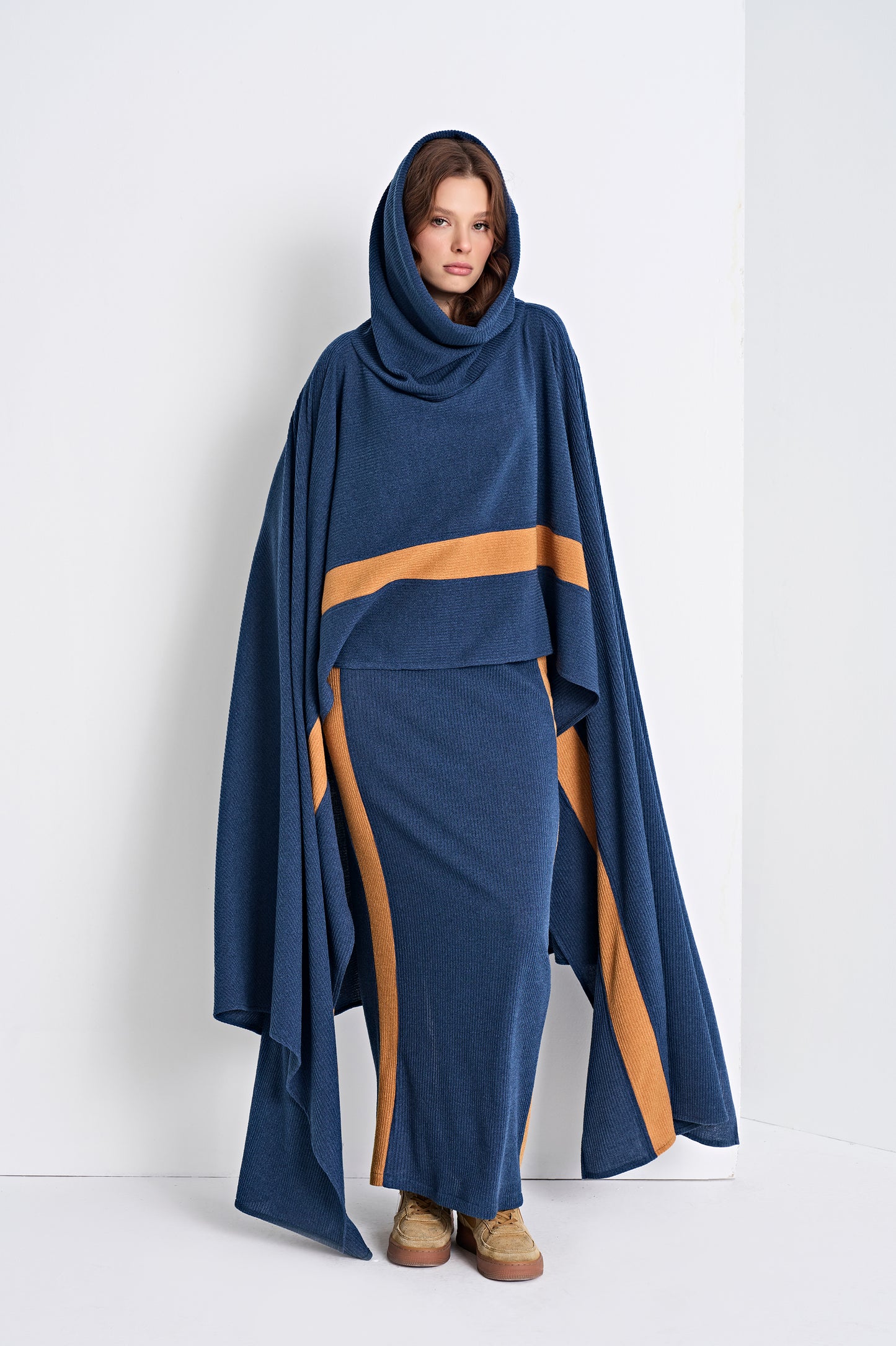 Hooded Knit Poncho and Matching Midi Skirt (Bottom)