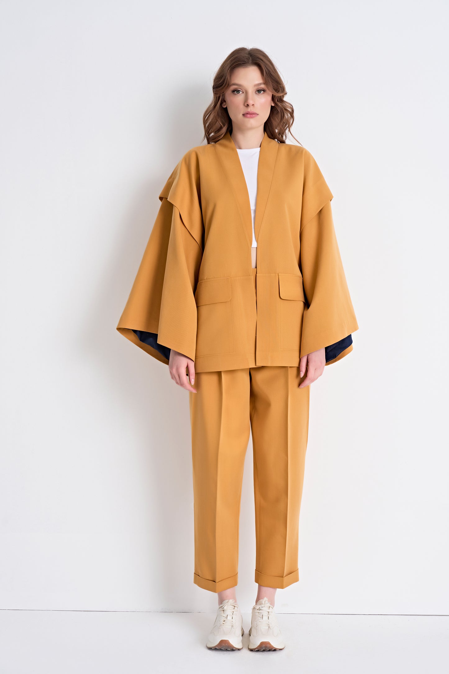 Open-Front Jacket with Layered Sleeves and Cropped Pants Set (Bottom)