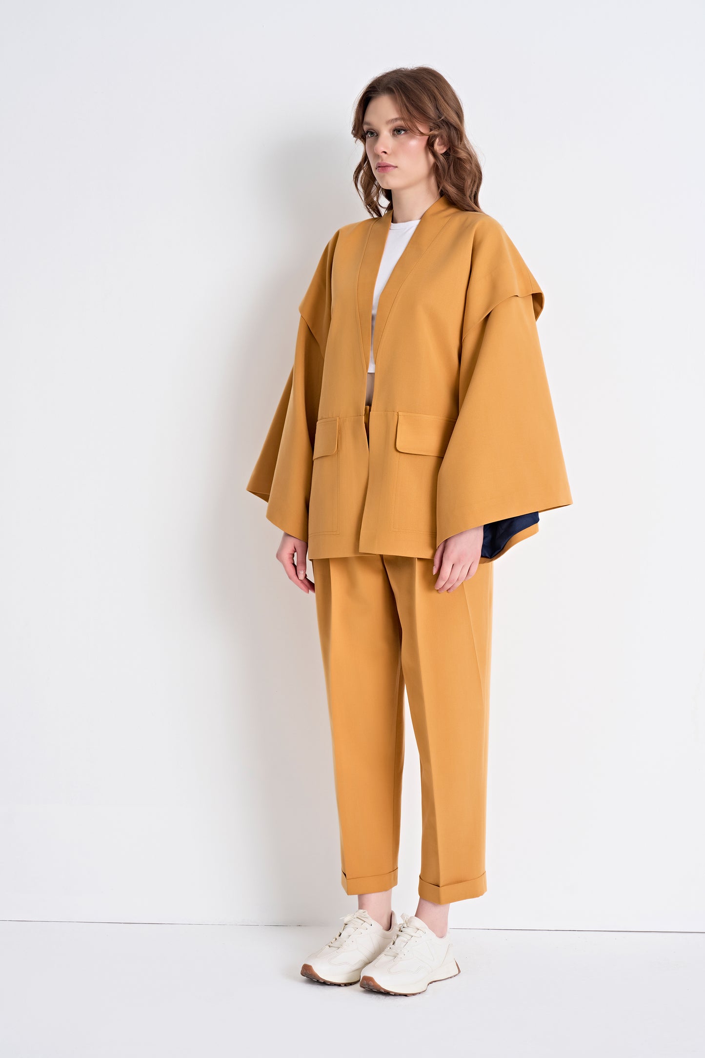Open-Front Jacket with Layered Sleeves and Cropped Pants Set (Bottom)