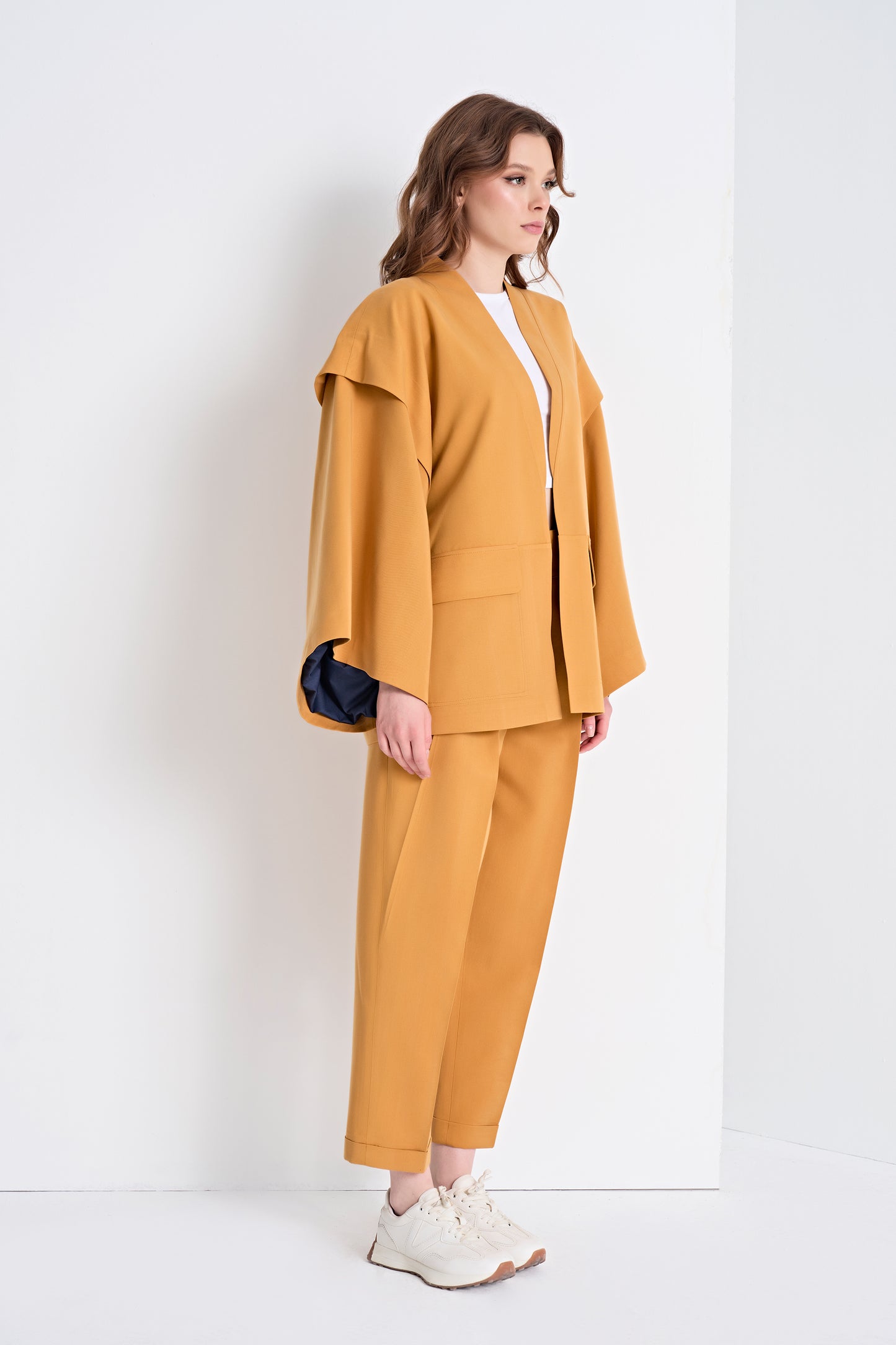 Open-Front Jacket with Layered Sleeves and Cropped Pants Set (Bottom)