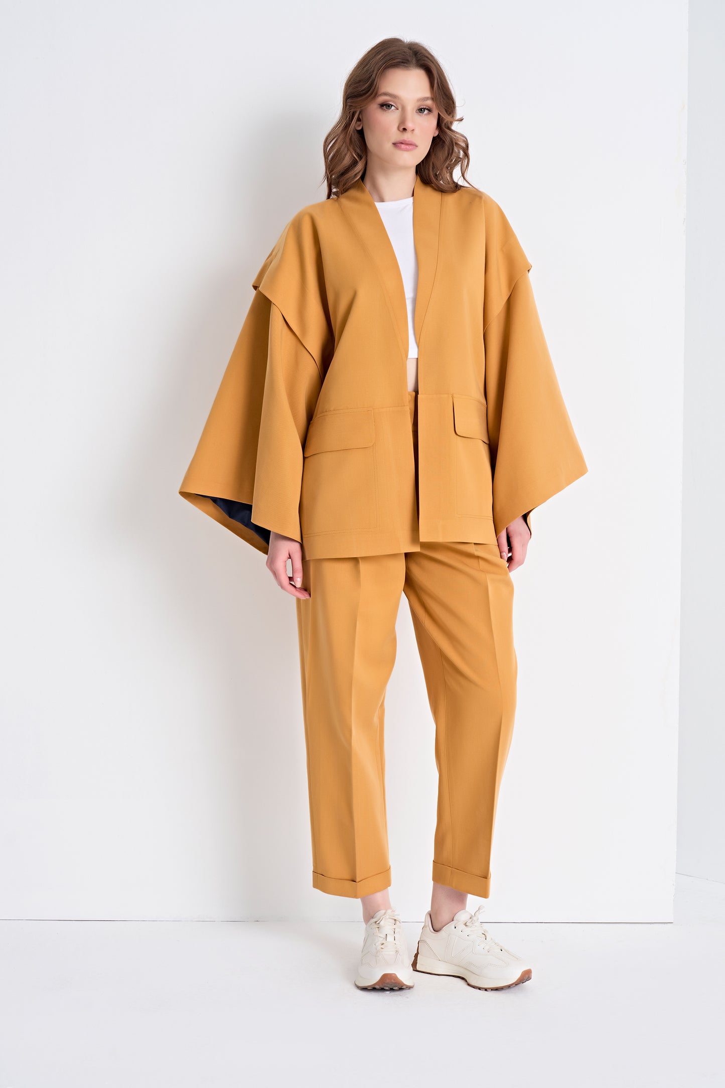 Open-Front Jacket with Layered Sleeves and Cropped Pants Set (Bottom)