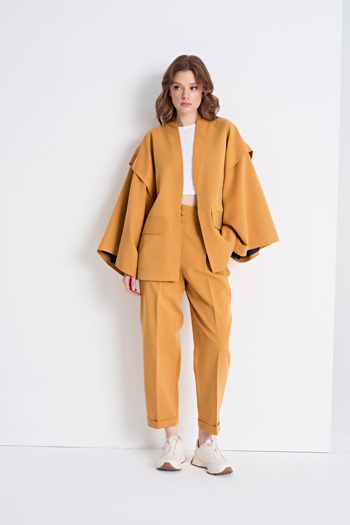 Open-Front Jacket with Layered Sleeves and Cropped Pants Set (Bottom)