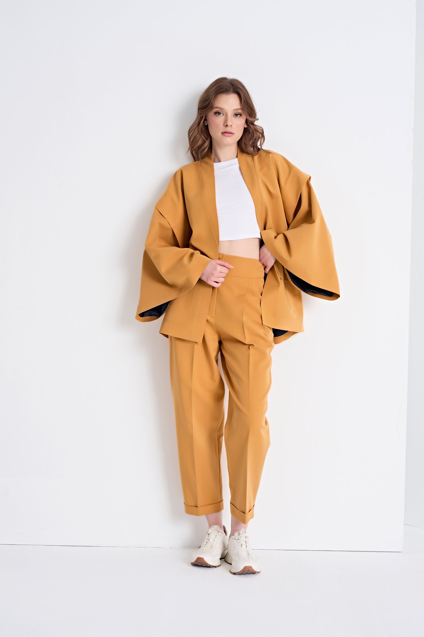 Open-Front Jacket with Layered Sleeves and Cropped Pants Set (Bottom)