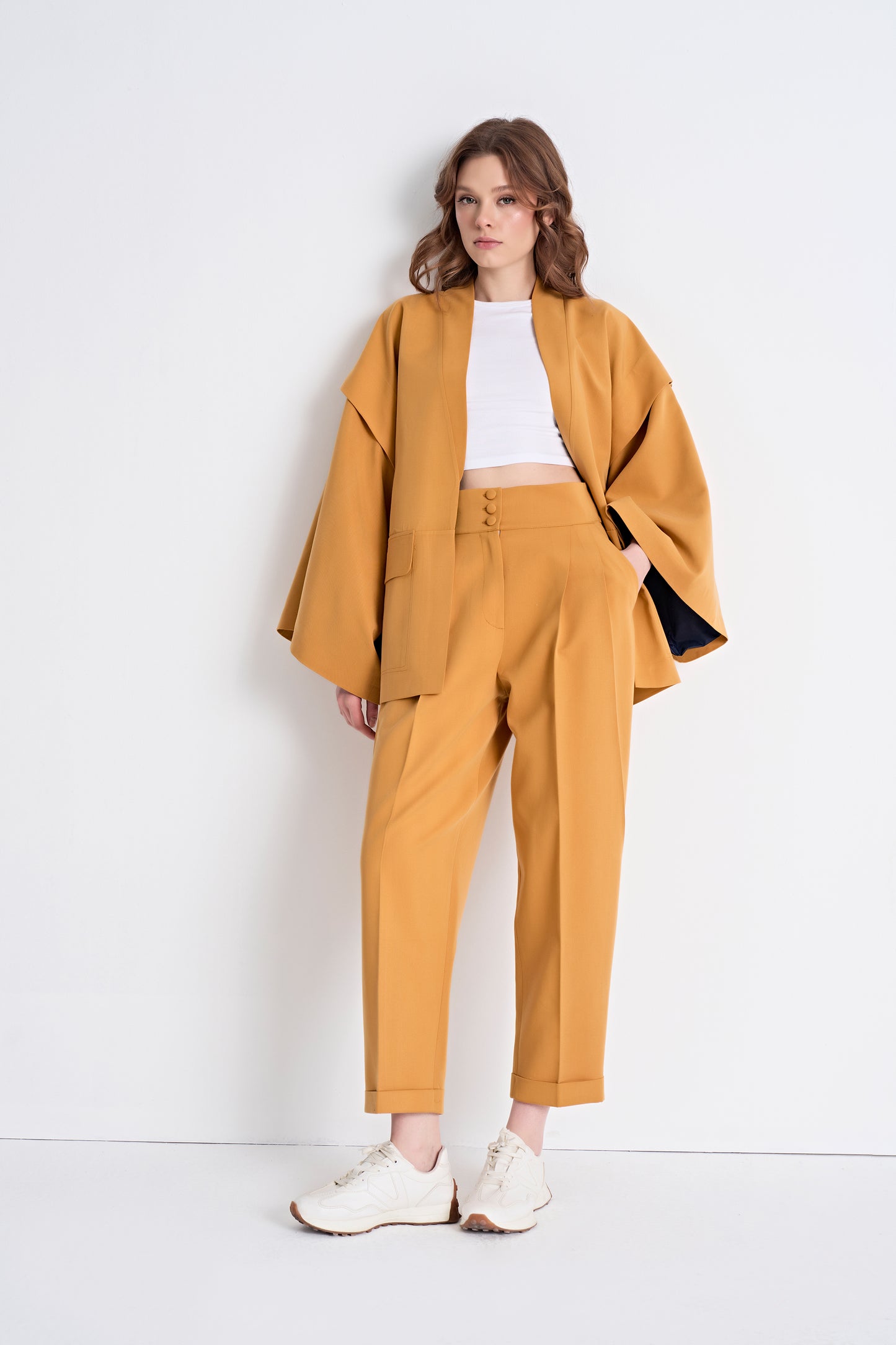 Open-Front Jacket with Layered Sleeves and Cropped Pants Set (Bottom)