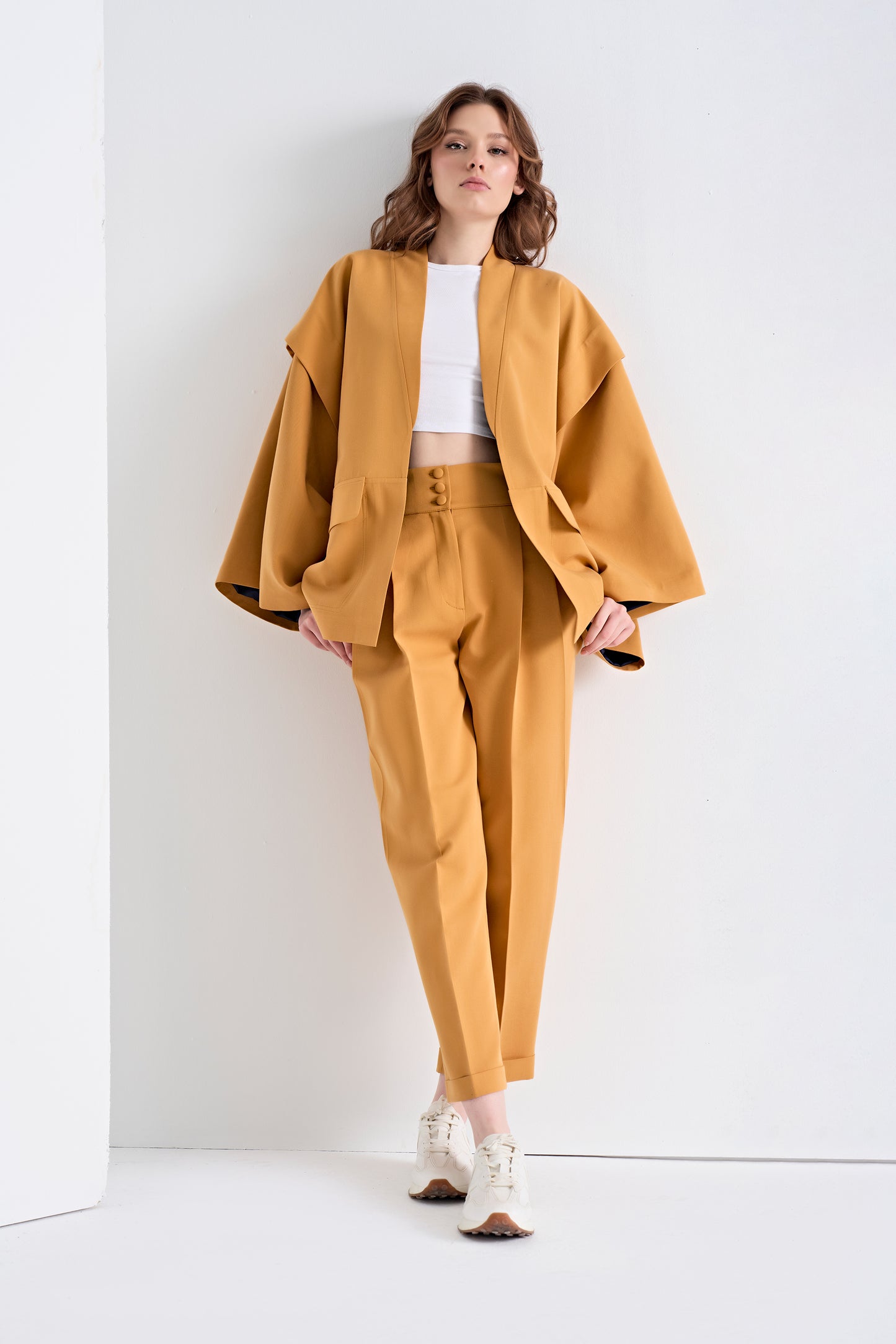 Open-Front Jacket with Layered Sleeves and Cropped Pants Set (Bottom)