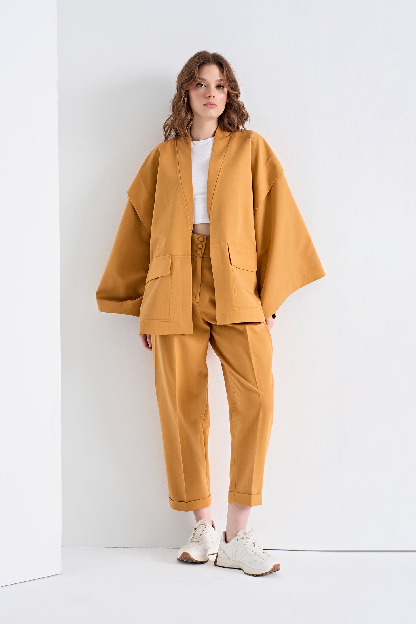 Open-Front Jacket with Layered Sleeves and Cropped Pants Set (Bottom)